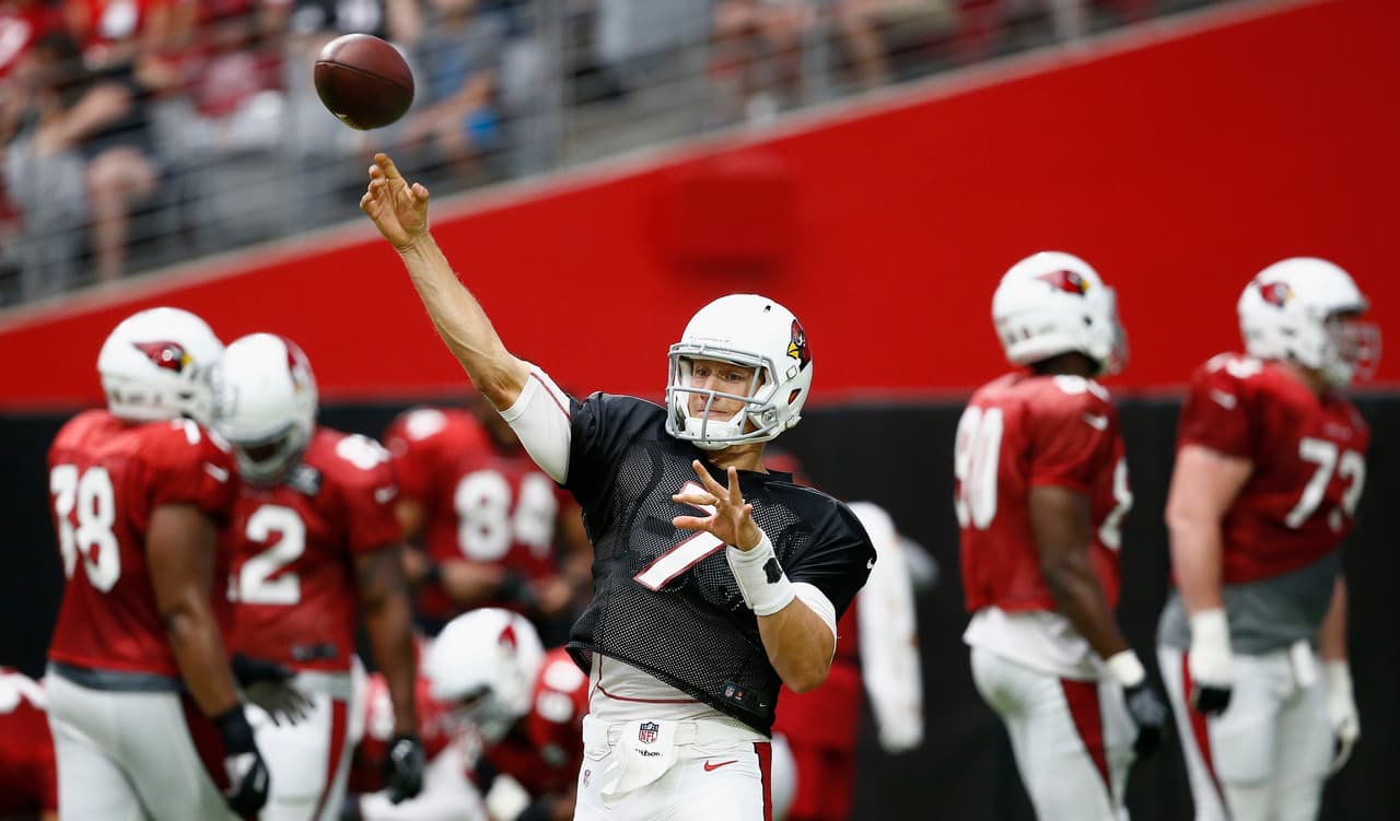 Arizona Cardinals' Blaine Gabbert (7) throws a pass during an NFL football training camp Saturday, July 29, 2017, in Glendale, Ariz. (AP Photo/Ross D. Franklin)