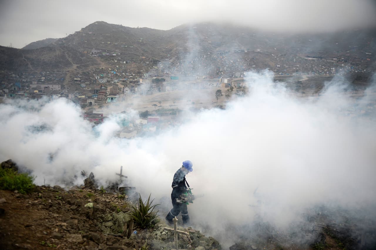 Fumigación en un cementerio de Lima, Perú, en busca de contener la propagación del mosquito que transmite el virus del Zika.