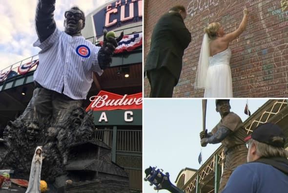Fans dejan veladoras, virgenes y mensajes para los Cubs en el Wrigley Field antes del séptimo juego