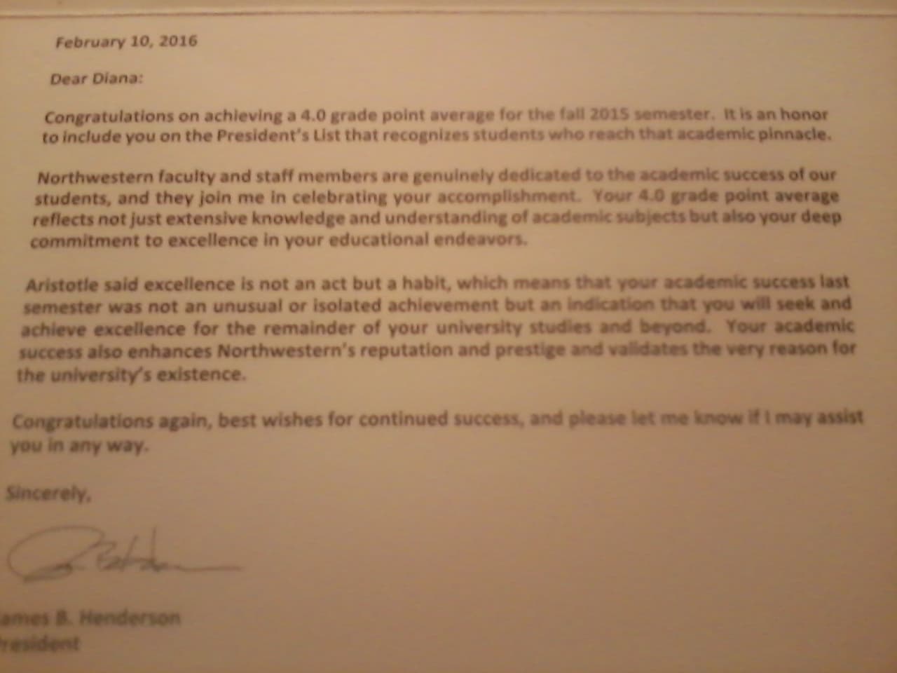 Carta de felicitación enviada por la universidad