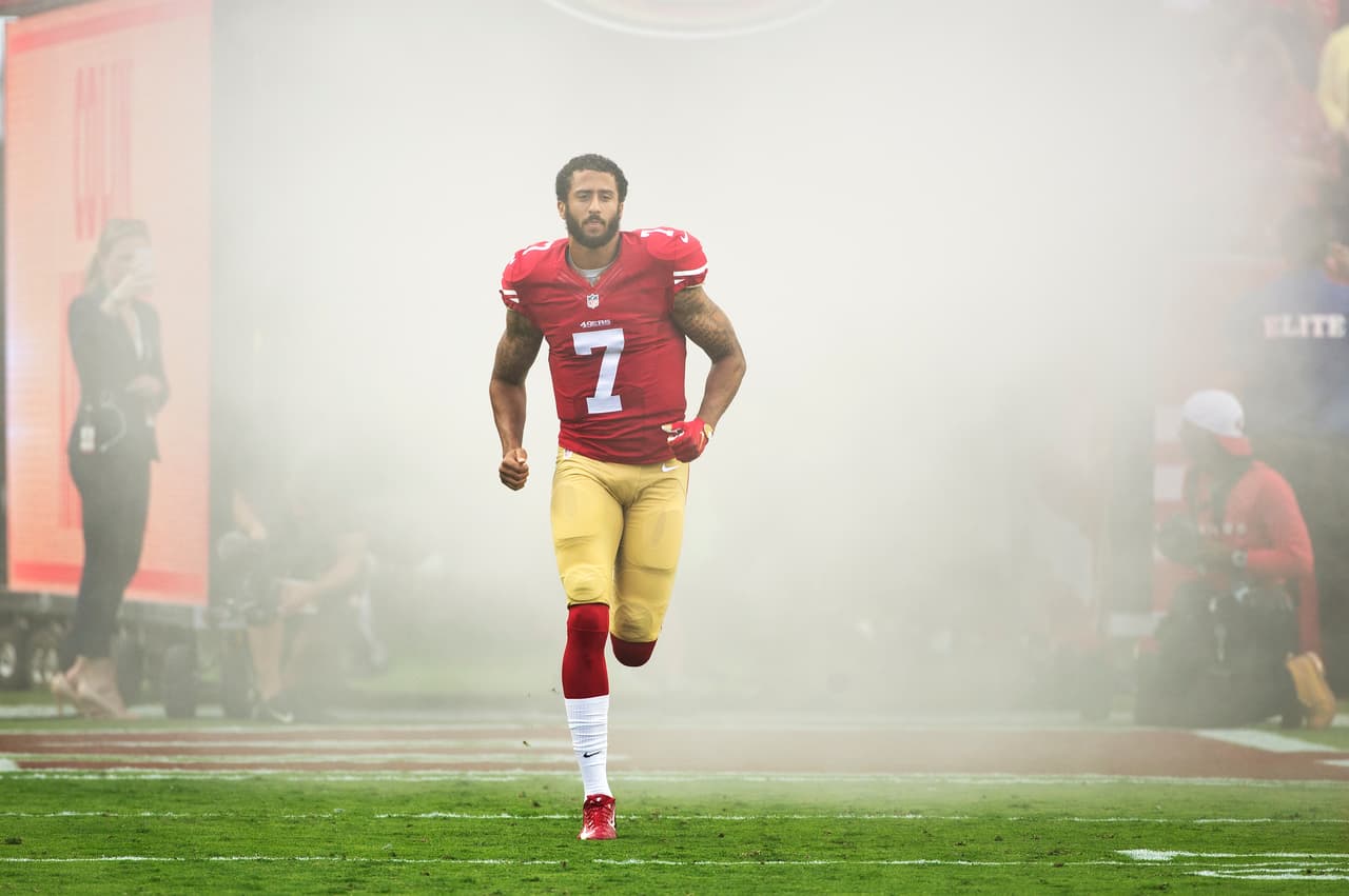 San Francisco 49ers quarterback Colin Kaepernick (7) is introduced to the crowd during an NFL game against the Baltimore Ravens on Sunday, Oct. 18, 2015, in Santa Clara, CA. The 49ers won the game, 25-20. (Greg Trott via AP)