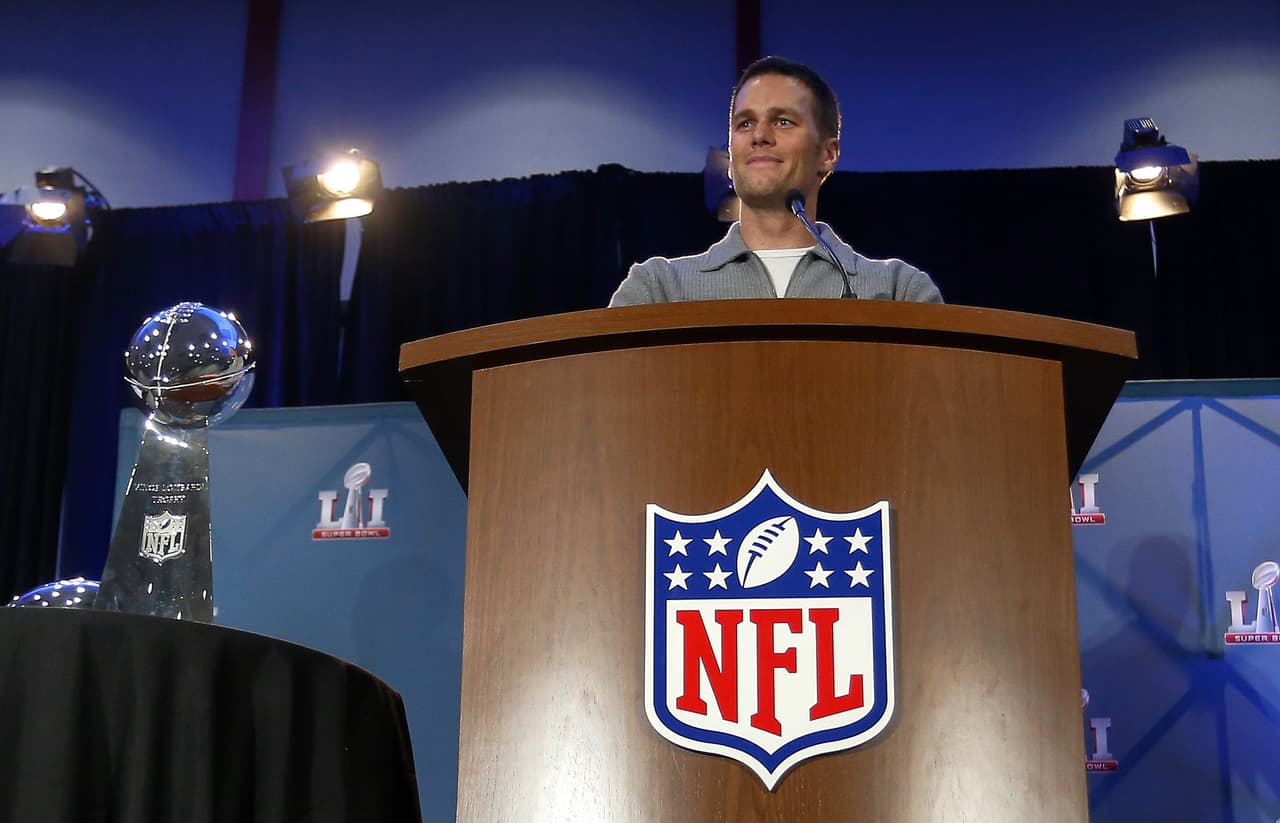 HOUSTON, TX - FEBRUARY 06: Super Bowl LI MVP Tom Brady talks with the media about their win over the Atlanta Falcons at the Super Bowl Winner and MVP press conference on February 6, 2017 in Houston, Texas. (Photo by Bob Levey/Getty Images)