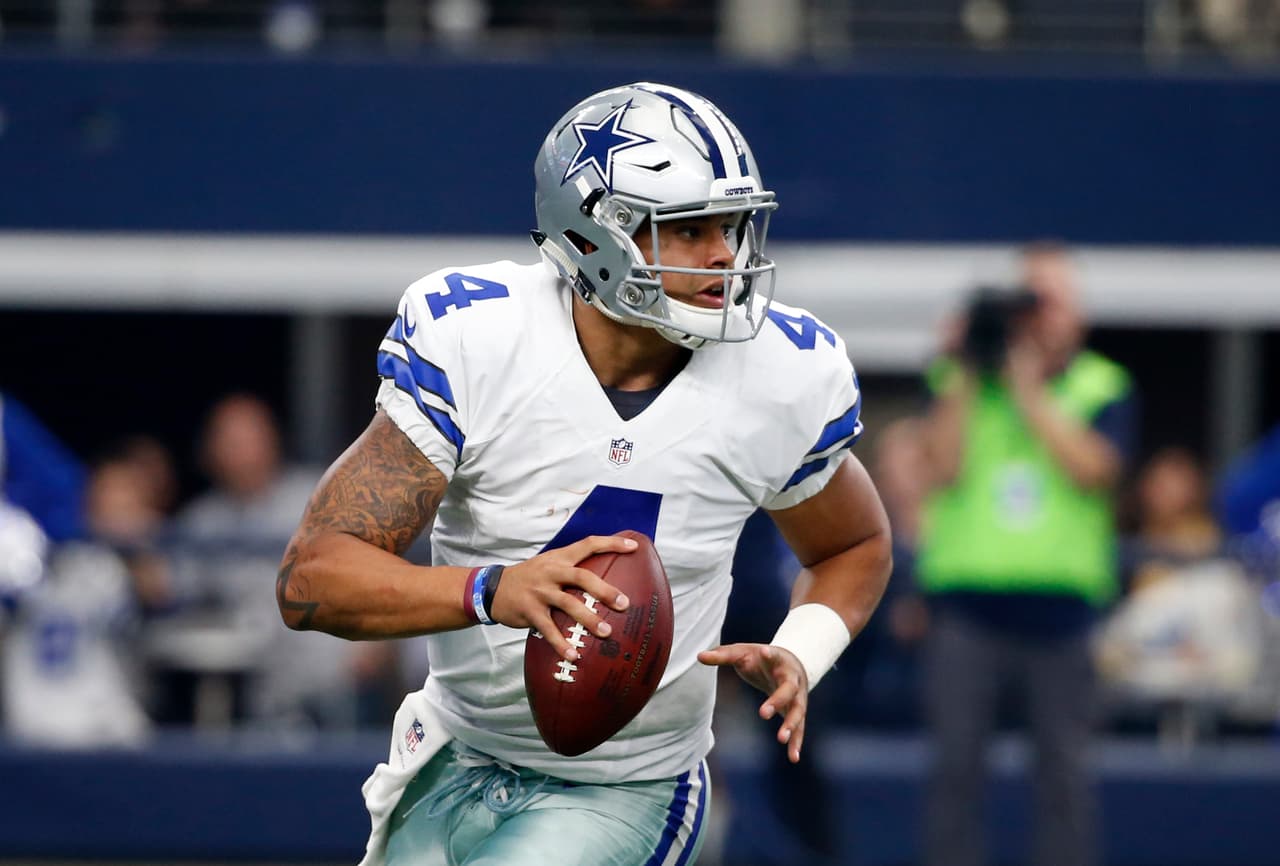 Dallas Cowboys' Dak Prescott (4) rolls out of the pocket in the first half of an NFL football game against the Baltimore Ravens on Sunday, Nov. 20, 2016, in Arlington, Texas. (AP Photo/Michael Ainsworth)