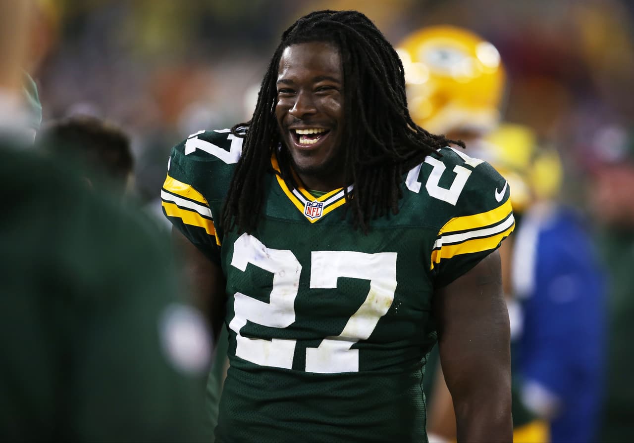 GREEN BAY, WI - OCTOBER 2: Eddie Lacy #27 of the Green Bay Packers smiles on the sidelines during the fourth quarter of their game against the Minnesota Vikings on October 02, 2014 at Lambeau Field in Green Bay, Wisconsin. The Packers defeated the Vikings 42-10. (Photo by John Konstantaras/Getty Images)