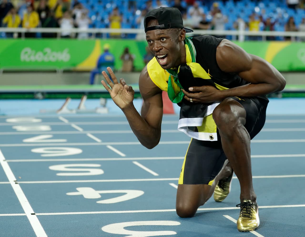 Jamaica's Usain Bolt celebrates winning the gold medal in the men's 4 x 100-meter relay final, during the athletics competitions of the 2016 Summer Olympics at the Olympic stadium in Rio de Janeiro, Brazil, Friday, Aug. 19, 2016. (AP Photo/Matt Dunham)
