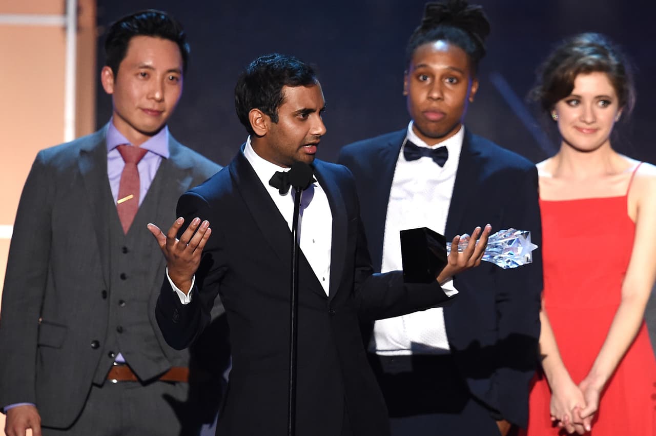 (L-R) Actor Kelvin Yu, actor-writer Aziz Ansari, actors Lena Waithe and Noel Wells accept Best Comedy Series award for 'Master of None'