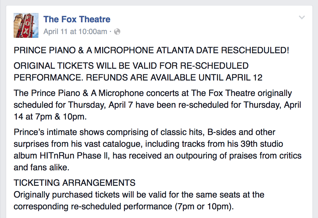 Mensaje de las primeras cancelaciones de Prince en Atlanta.