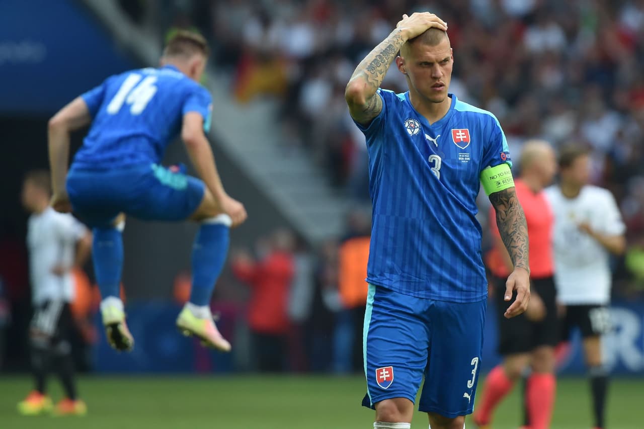 Slovakia's defender Martin Skrtel reacts during the Euro 2016 round of 16 football match between Germany and Slovakia at the Pierre-Mauroy stadium in Villeneuve-d'Ascq, near Lille, on June 26, 2016. / AFP / PHILIPPE HUGUEN (Photo credit should read PHILIPPE HUGUEN/AFP/Getty Images)