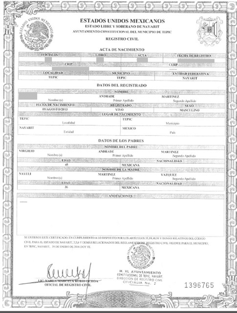 Copia del acta de nacimiento del hijo de Virgilio Andrade y Nayeli Martínez.