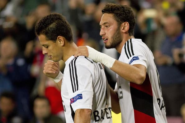 BARCELONA, SPAIN - SEPTEMBER 29: Bayer's Hakan Calhanoglu and Chicharito (L) reacts during the UEFA Champions League Group E match between FC Barcelona and Bayer 04 Leverkusen at Camp Nou Stadium on September 29, 2015 in Barcelona, Spain. (Photo by Albert Llop/Anadolu Agency/Getty Images)