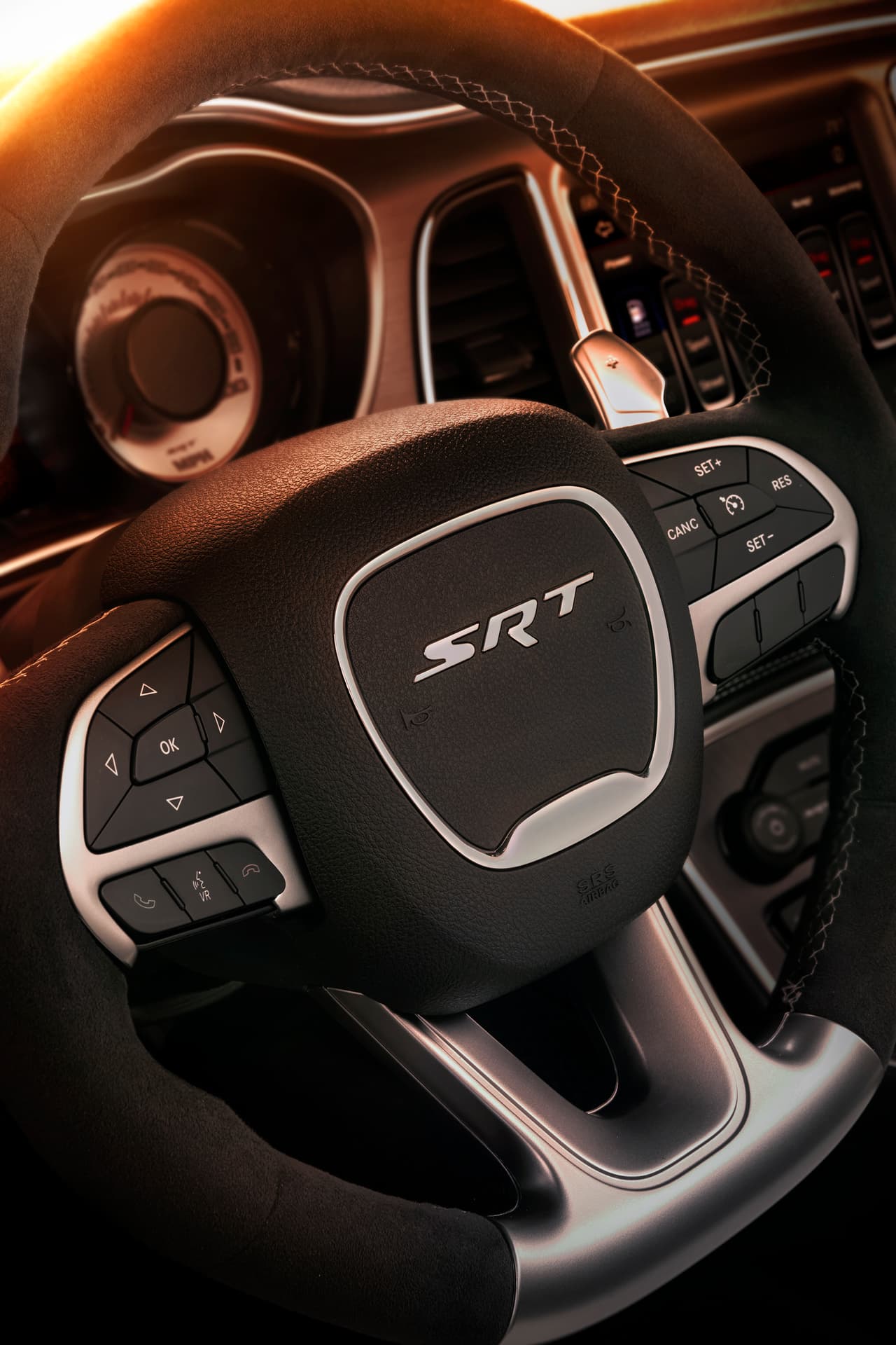 2018 Dodge Challenger SRT Demon features exclusive flat-bottom performance steering wheel wrapped in Alcantara suede with SRT paddle shifters.