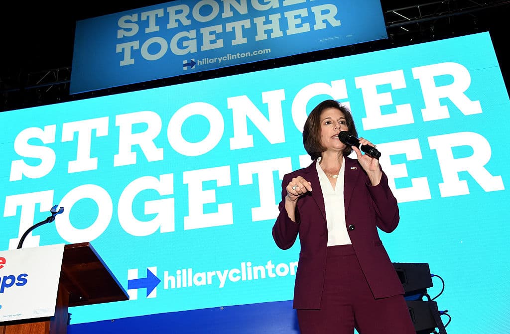 LAS VEGAS, NV - NOVEMBER 03: Former Nevada Attorney General and Democratic U.S. Senate candidate Catherine Cortez Masto speaks before a get-out-the-vote performance by DJ/producer Steve Aoki for Democratic presidential nominee Hillary Clinton as part of Hillary for America's "Love Trumps Hate" concert series at the Cox Pavilion on November 3, 2016 in Las Vegas, Nevada. Cortez Masto, along with former U.S. President Bill Clinton and Aoki, urged people to vote for Hillary Clinton and Nevada Democratic candidates during early voting, which ends on November 4 in the battleground state, and on Election Day. (Photo by Ethan Miller/Getty Images)