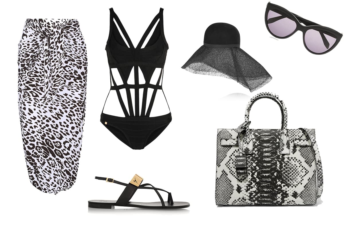Look 2: Upper East Side | Con este look se demuestra que el negro también es para la playa. Animal print, pamelas extravagantes y accesorios dorados te harán ver como de pasarela. Inspírate en las mujeres neoyorkinas que pasan sus vacaciones en The Hamptons. Victoria Greyson, en Revenge, nos dio una lección de cómo utilizar este estilo de manera impecable. Traje de baño: Hervé Léger. Lentes: Alexander McQueen. Sombrero: Eres. Falda: Norma Kamaii. Bolsa: Saint Laurent. Sandalias: Giuseppe Zanotti.