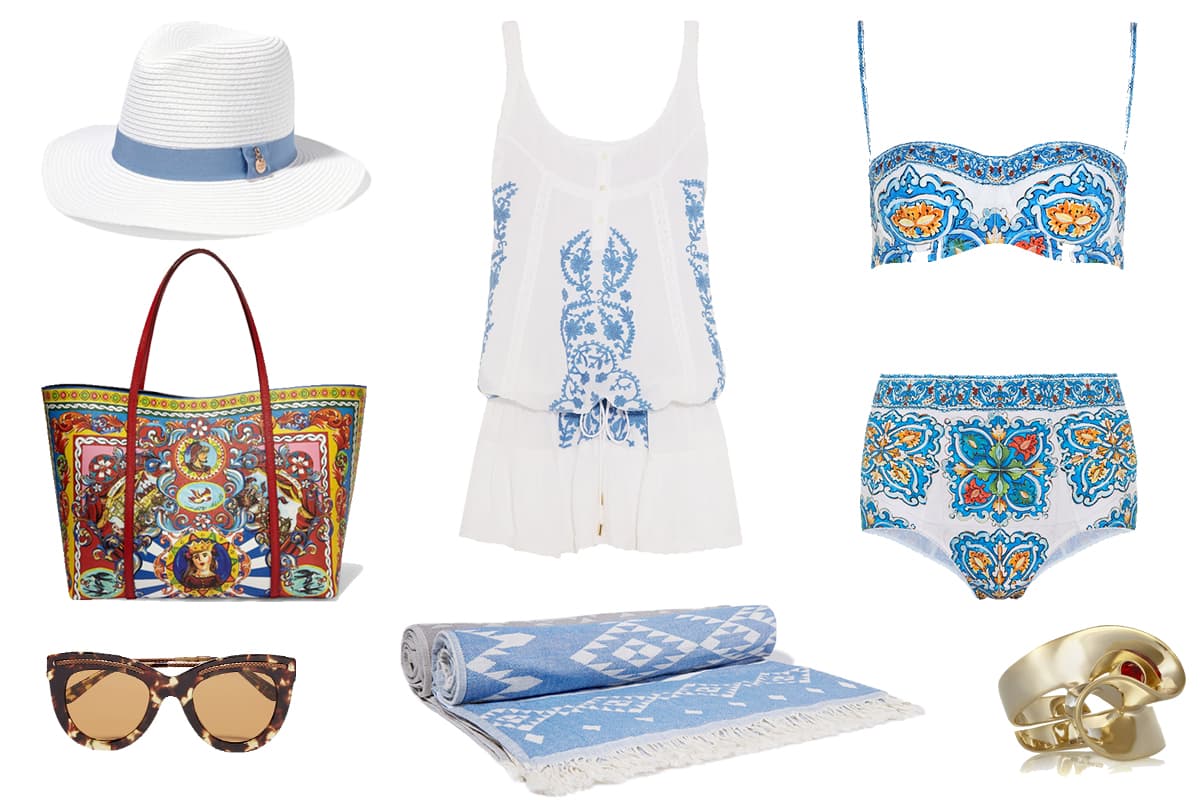 Look 1: Grecia | Si tienes una debilidad por el arte griego y el buen vino, inspírate en las playas de Santorini, Mykonos y Creta. Estampados de mosaicos, columnas dóricas y colores primarios deben ser la base de tu outfit. Jackie Kennedy Onasis fue una musa que supo utilizar a la perfección esta tendencia, que está de regreso. Traje de baño: Dolce & Gabbana. Lentes: Bottega Veneta. Anillo: Etro. Sombrero: Massimo Dutti. Jumpuit: Melissa Odabash. Pareo: Hmmamas. Bolsa: Dolce & Gabbana.
