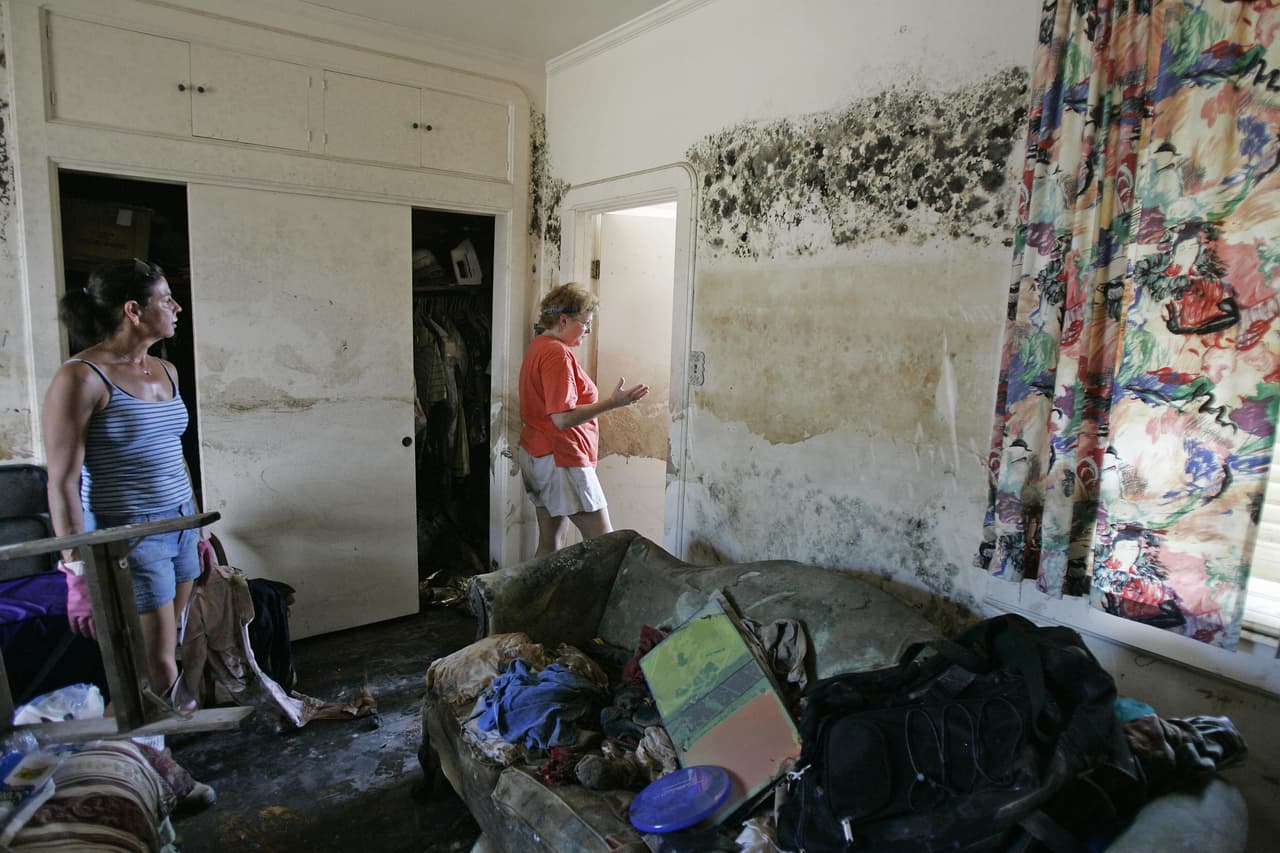 New Orleans, UNITED STATES: Adrienne LaCour (R) walks with his brother's girlfriend Cindy Tarantino (L) through a bedroom with mold six feet (two meters) high on the wall of her childhood home, where her brother Louis LaCour still lived until Hurricane Katrina hit, 05 October 2005, in the Lakeview section of New Orleans. LaCour said she expects the house, which took more than five feet of water inside, will have to be bulldozed. After more than five weeks, residents were allowed back the city's hardest hit neighborhood to inspect damage from Hurricane Katrina. AFP PHOTO / Robyn BECK (Photo credit should read ROBYN BECK/AFP/Getty Images)