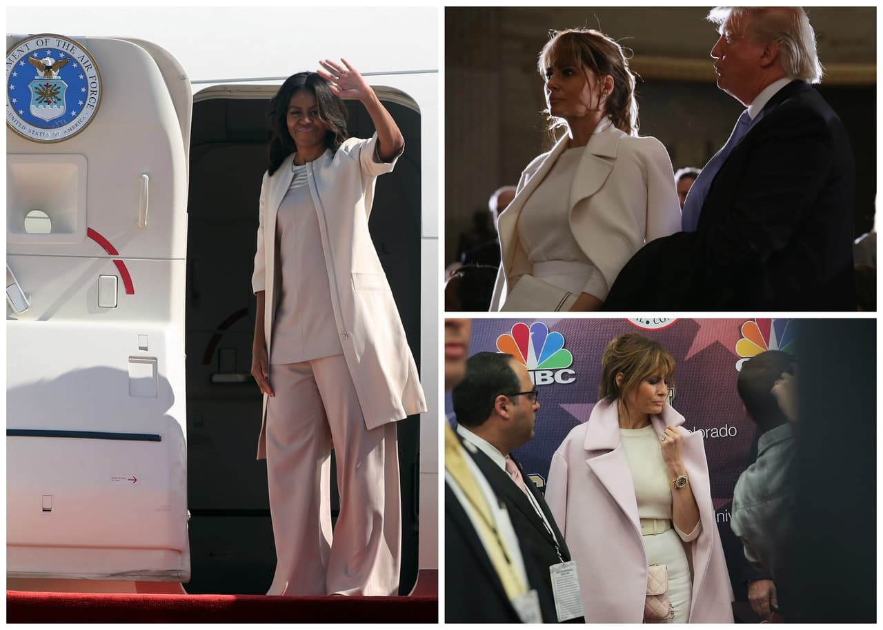 Los abrigos y los juegos para crear distintas capas han sido herramientas que Michelle Obama ha usado sistemáticamente durante todos estos años. Desde sus dos galas de posesión presidencial, en donde el abrigo fue el protagonista, hasta en sus viajes más informales por el mundo, Michelle ha hecho énfasis en la elegancia de un abrigo. Melania, que desde que su esposo se embarcó en la carrera a la presidencia ha tenido que hacer un cambio radical en su armario, ha adoptado esta sencilla estrategia. Llevar de compañero y sobre los hombros un buen abrigo claro.