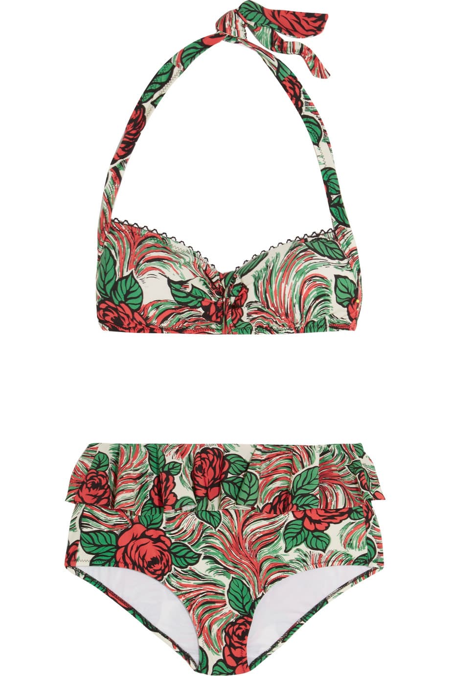 Curvy: Si eres penosa y no te gusta mostrar la panza o prefieres mantener tus curvas para ti misma, opta por los bikinis de calzón alto que lleguen hasta arriba del ombligo que han estado en la cima de las tendencias desde el año pasado (Zingara, 175 dólares). Así te sentirás cómoda y llevarás este estilo de los 50s de la forma más fashion.