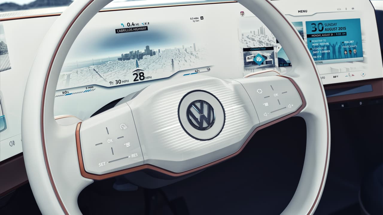Pantalla de instrumentos y controles y volante del VW BUDD-e Concept