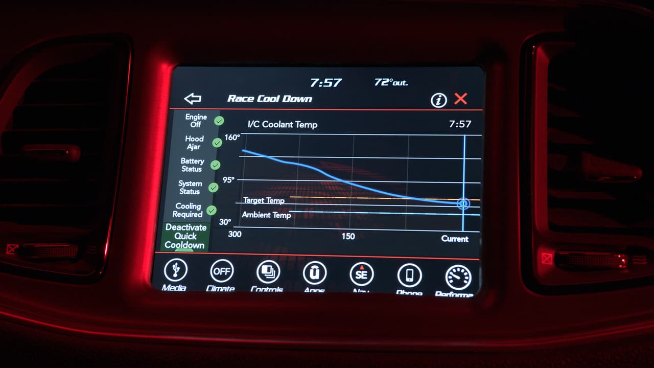The 2018 Dodge Challenger SRT Demon’s Performance Pages arm the driver with real-time information, including temperature reduction of the supercharger with the After-Run Chiller.