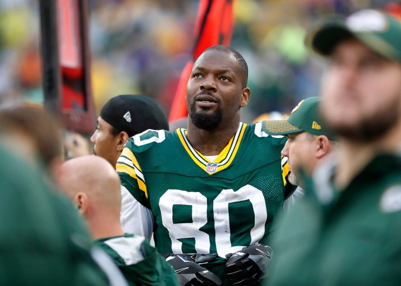 Green Bay Packers tight end Martellus Bennett (80) rests during an NFL football game against the New Orleans Saints on Sunday, Oct. 22, 2017 in Green Bay, Wisc. The Saints won the game, 26-17. (Greg Trott via AP)