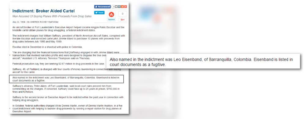 Noticia publicada por el diario Sun Sentinel que reveló los cargos contra Eisenband