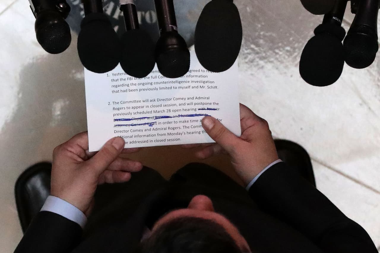 En la imagen, el texto que Devin Nunes tenía en la mano cuando anunció a la prensa el 24 de marzo que suspendía la audiencia pública sobre el 'Rusiagate' programada para el martes 28 de marzo.