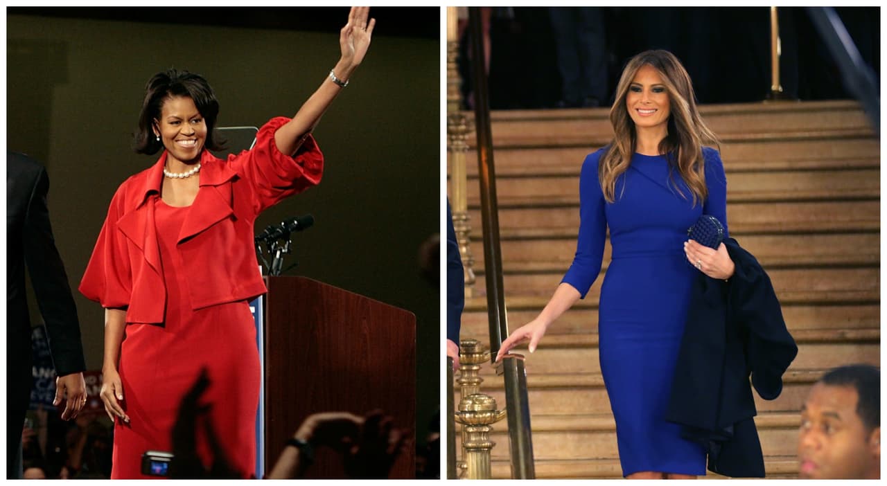 Inspirándose en la bandera de los Estados Unidos y apelando al color emblemático del partido contrario al de su marido, Michelle Obama apareció enfundada en un traje de chaqueta rojo en el Super Thuesday de 2008. La estrategia que dio de qué hablar la replicó Melania Trump en marzo pasado, para el debate de Fox en el que apareció en un bello vestido azul demócrata.