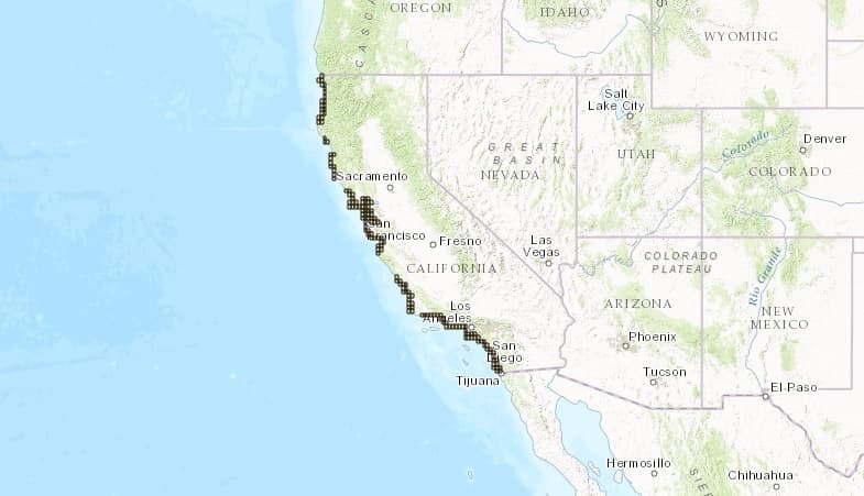 Mapa de áreas más vulnerables a un tsunami en California.