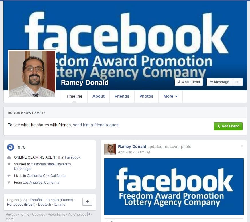 Perfil usado por los estafadores para promover su falsa lotería de Facebook