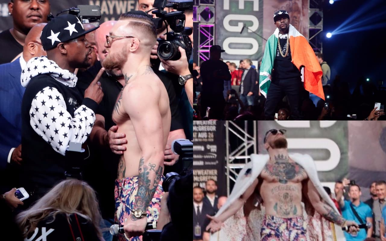 Floyd Mayweather usó la bandera de Irlanda e imitó el caminado de Conor McGregor para burlarse de él, mientras el europeo impactó con su vestimenta, la confesión de que es negro "de la cintura hacia abajo" y al morder una oreja a Floyd Mayweather.