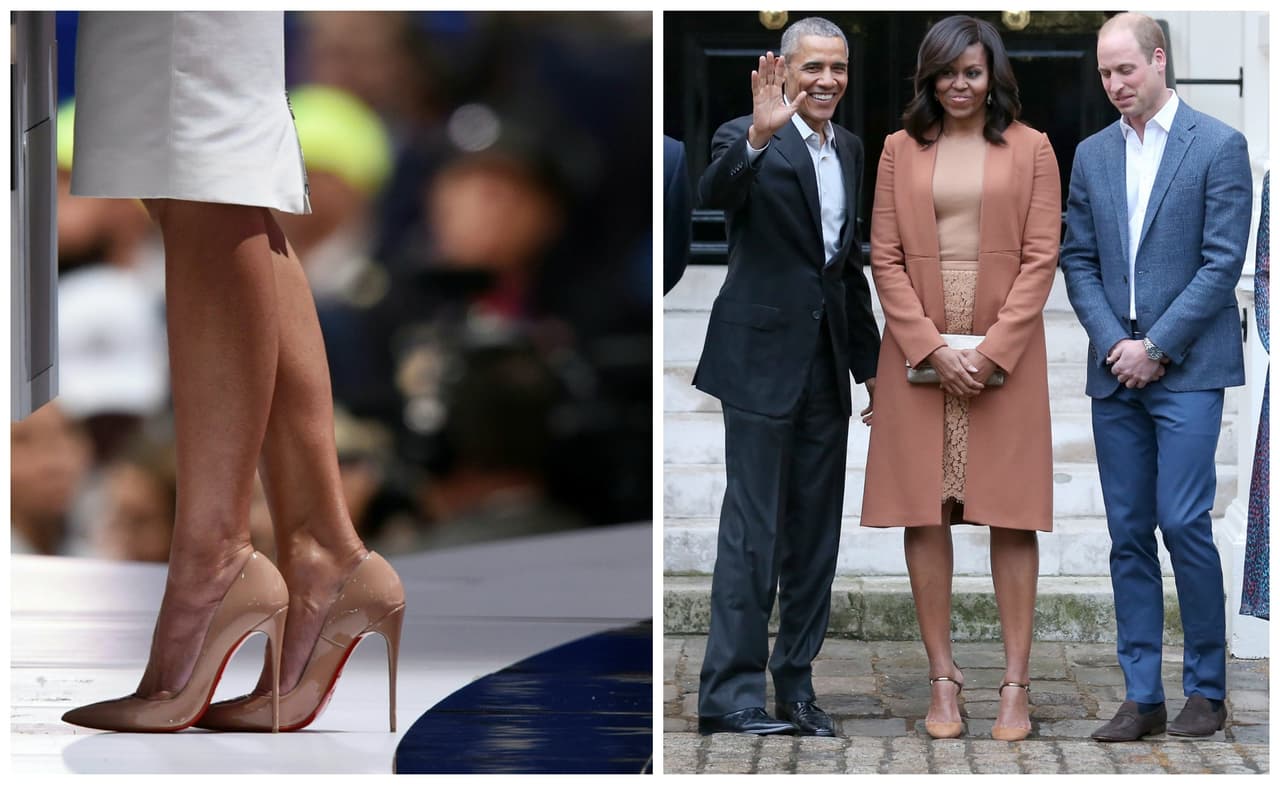 Michelle Obama se ha convertido en un ícono de estilo no solo por sus acertadas elecciones sino porque ellas son fácilmente replicables por las mujeres comunes. Una de sus grandes lecciones ha sido que casi cualquier traje combina bien con unos zapatos nude. Por eso, en repetidas ocasiones -como en su viaje al Palacio de Kensington- la hemos visto llevando formales trajes con zapatos color piel. Melania parece tener muy bien aprendida esa lección. Lo demostró ayer con sus 'pumps nude' de la casa francesa Christian Loubuiton, eso sí de una altura que Michelle jamás se atrevería a llevar.