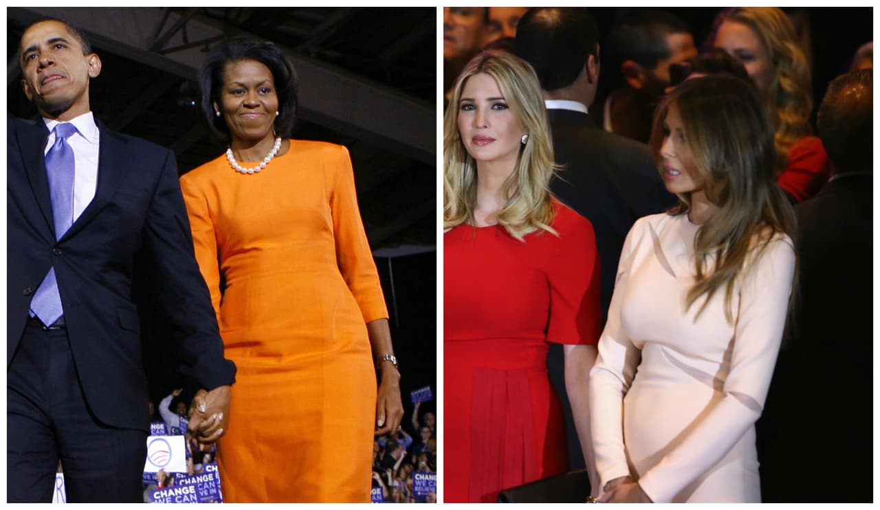 Acompañar a su marido en los viajes de campaña de 2008 le hizo a Michelle Obama en su momento tomar una decisión práctica y muy acertada: usar vestidos ajustados al cuerpo, de manga larga y de un solo color, trajes fáciles de empacar y que se ajustaban a cualquier ocasión. Melania, lejos de los colores más estridentes de su pasado y de sus gustos por los brillos y los estampados, ha hecho del minivestido básico de mangas y monocolor también su apuesta segura.