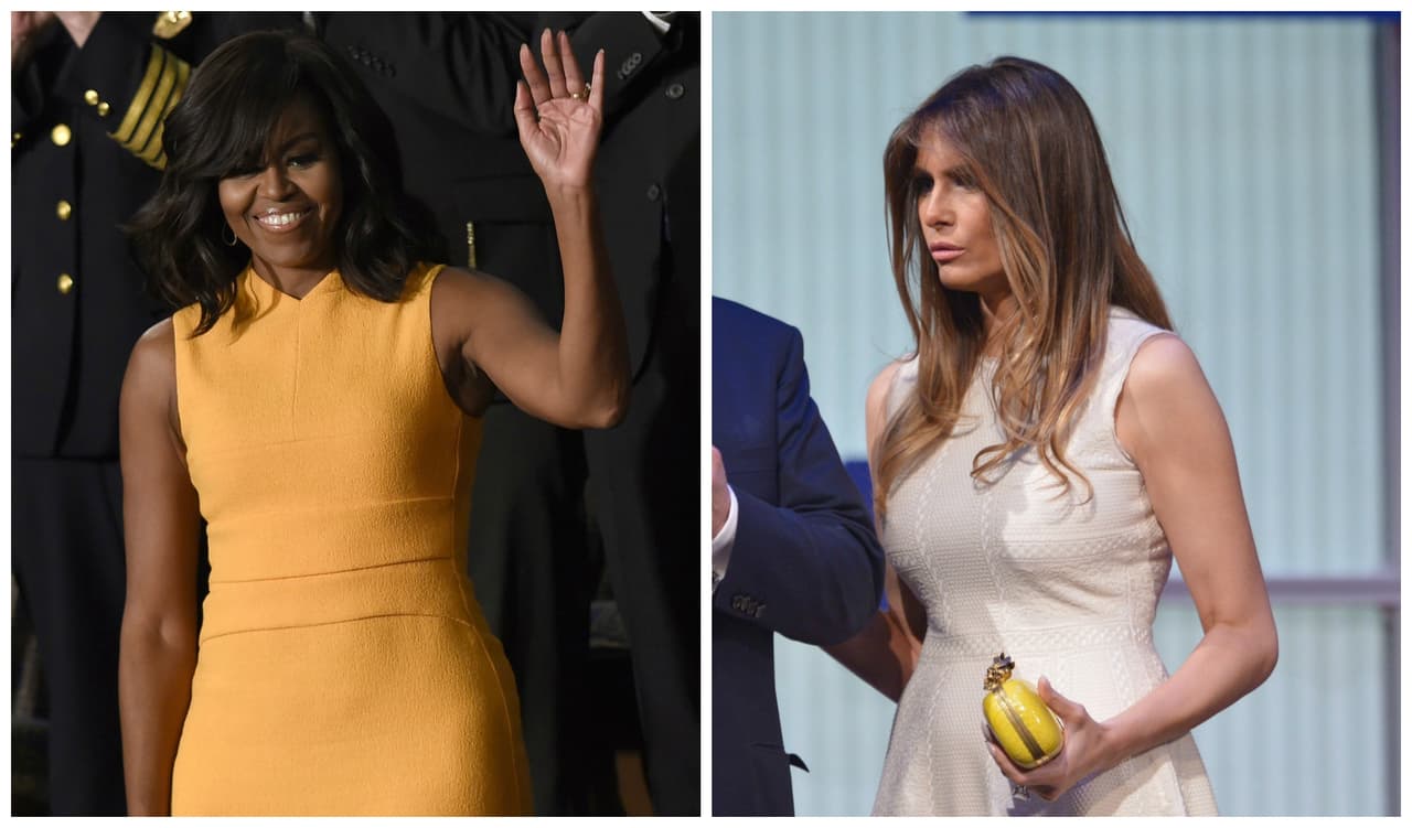 Una de las grandes polémicas que desató Michelle Obama con su arribo a la Casa Blanca fue su decidida apuesta por mostrar sus brazos siempre torneados y fuertes. Desafiando todos los códigos, Michelle Obama hizo que llevar vestidos sin mangas fuera considerado elegante y apropiado para los eventos de Estado. Aprovechando ese camino ya andado por la actual Primera Dama, Melania ha aparecido en varios discursos junto a Donald Trump alardeando también de sus brazos. Algo que, aún en la política, es una novedad.