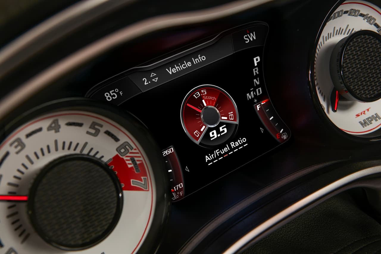 The Air/Fuel Ratio gauge is one of many performance information screens on the 2018 Dodge Challenger SRT Demon’s 7-inch instrument cluster screen, which is centered between the exclusive SRT Demon white face gauges.