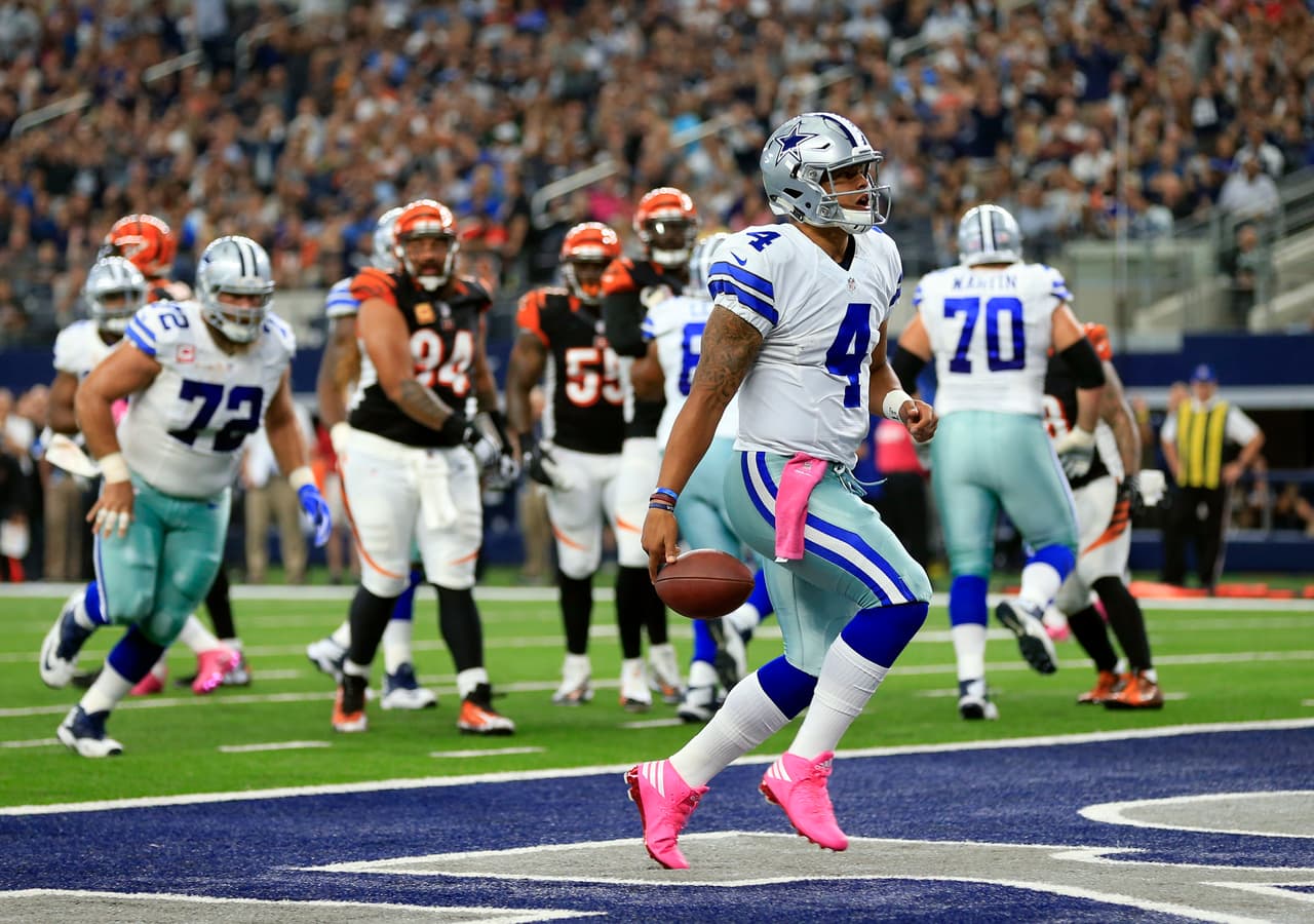 Dallas Cowboys quarterback Dak Prescott runs the ball into the end zone for a touchdown against the Cincinnati Bengals in the first half of an NFL football game, Sunday, Oct. 9, 2016, in Arlington, Texas. (AP Photo/Ron Jenkins)