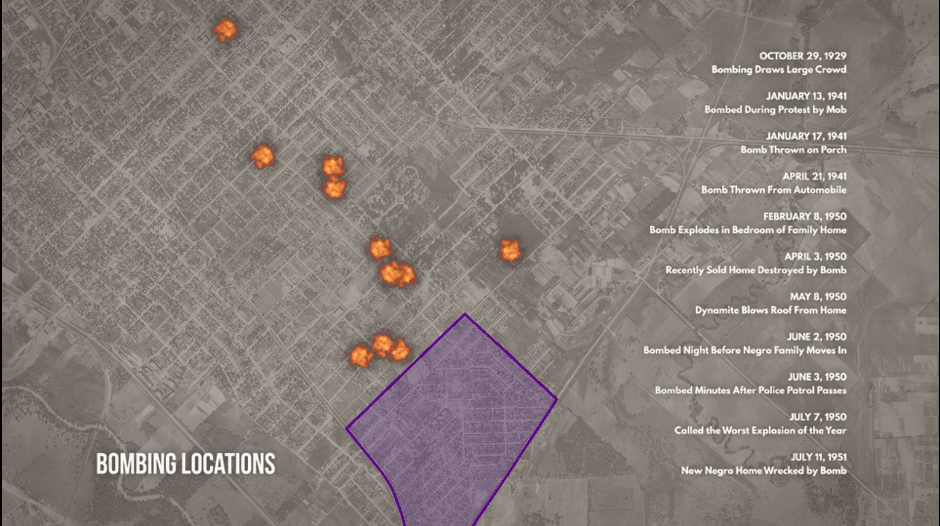 Captura de pantalla de la película que muestra los lugares donde ocurrieron atentados con bombas cerca de Bonton (delineados en púrpura) entre 1929 y 1951, acompañados por titulares de reportes noticiosos (a la derecha).