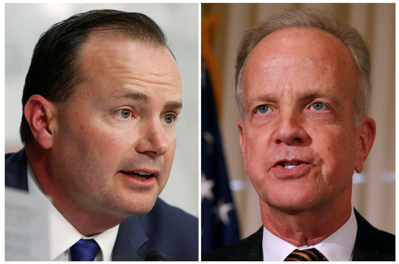 Senadores Mike Lee (Utah) y Jerry Moran (Kansas), los dos últimos legisladores opuestos al proyecto de salud que pretende sustituir al Obamacare.