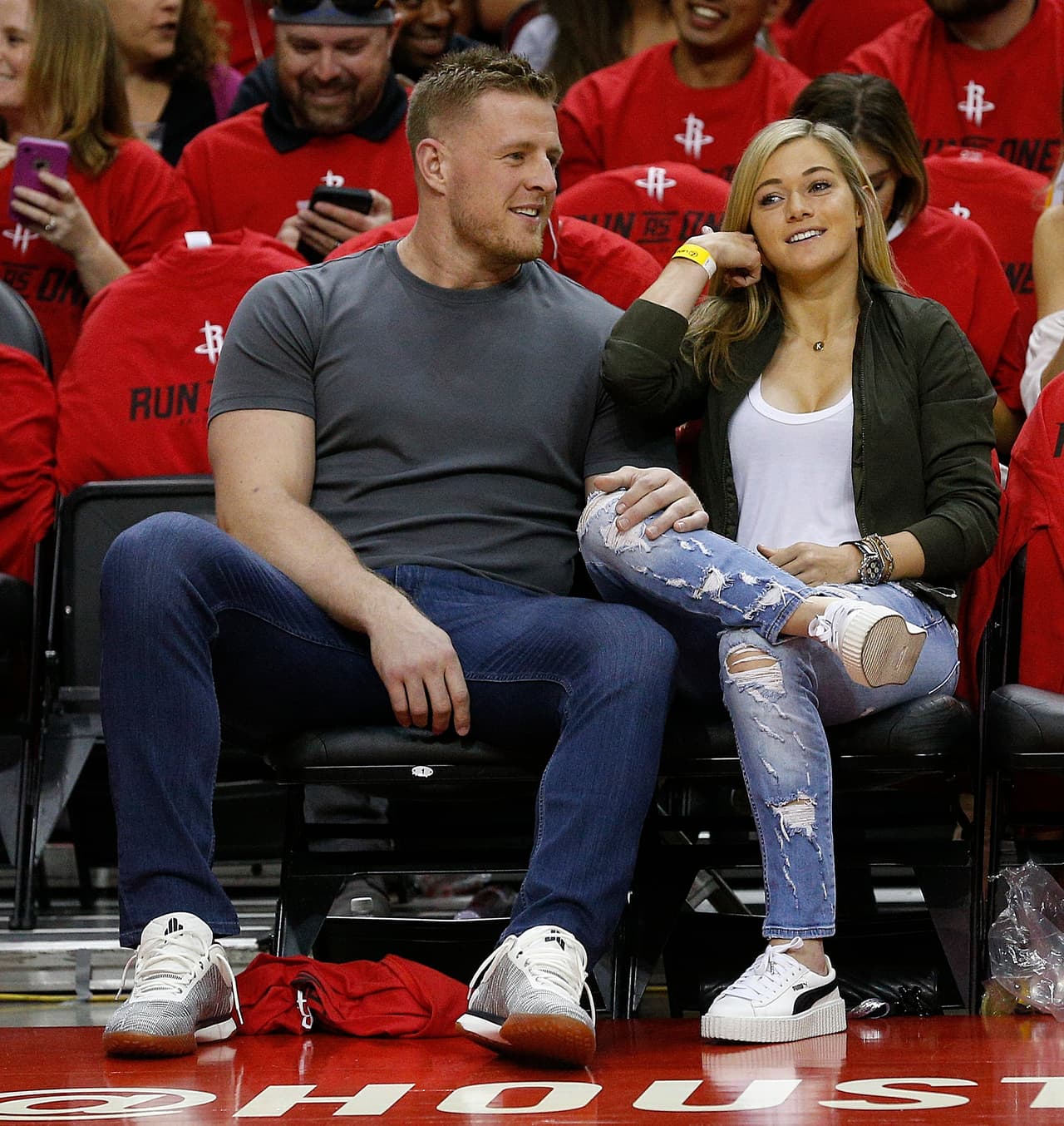 HOUSTON, TX - APRIL 16: JJ. Watt of the Houston Texans and girlfriend Kealia Ohai courtside during Game One of the first round of the Western Conference 2017 NBA Playoffs at Toyota Center on April 16, 2017 in Houston, Texas. NOTE TO USER: User expressly acknowledges and agrees that, by downloading and/or using this photograph, user is consenting to the terms and conditions of the Getty Images License Agreement. (Photo by Bob Levey/Getty Images)