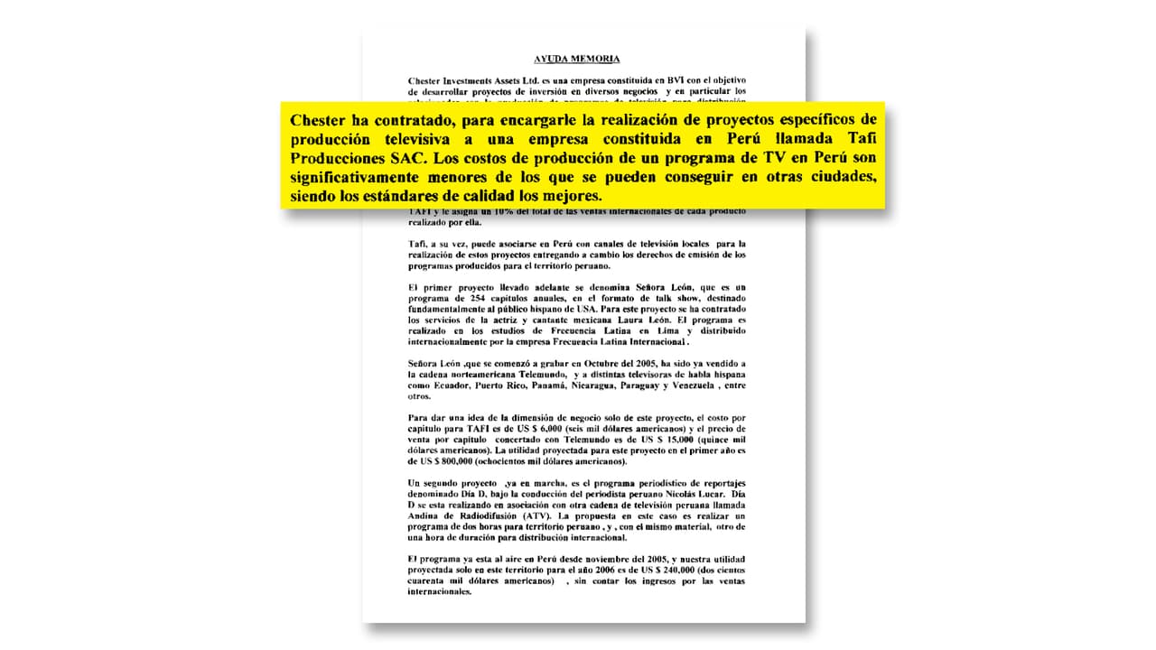 La firma offshore Chester Investments Assets encargó a la empresa peruana Tafi Producciones la realización del show “Señora León”.
