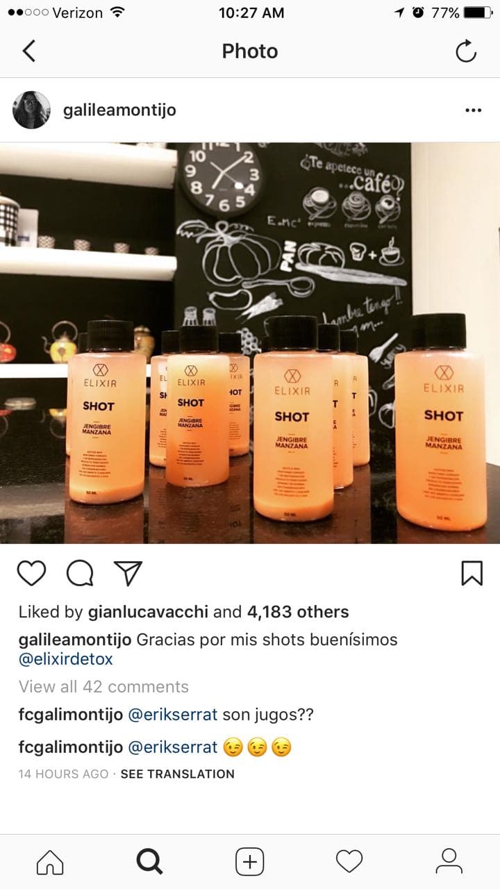 O si presume unas botellas de sus shots atioxidantes, Vacchi está presto con su 'like' para la mexicana.