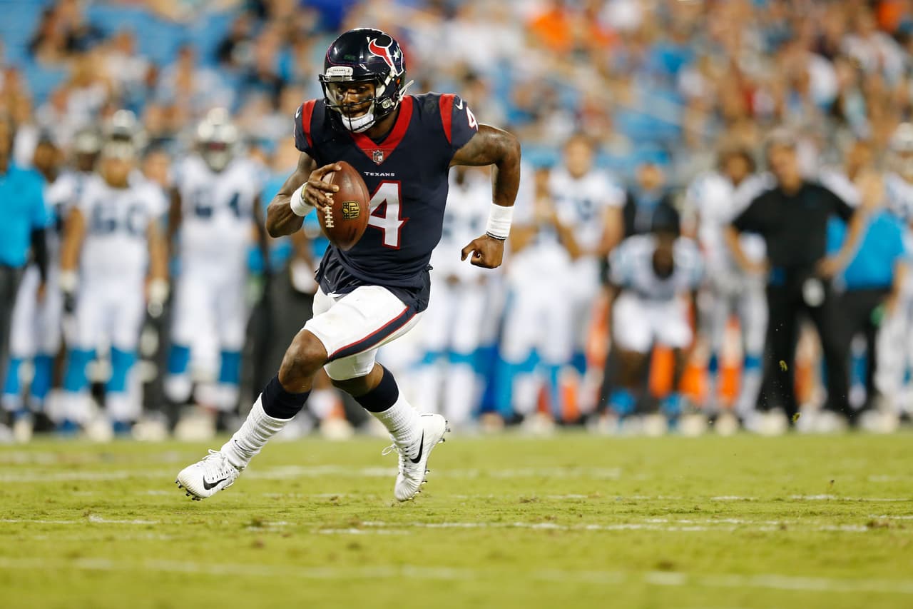 Houston Texans quarterback Deshaun Watson (4) works against the Carolina Panthers during the second half of an NFL preseason football game, Wednesday, Aug. 9, 2017, in Charlotte, N.C. (AP Photo/Jason E. Miczek)