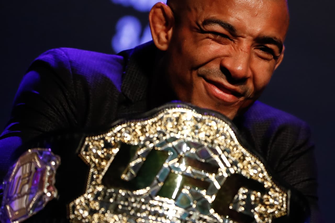 RIO DE JANEIRO, BRAZIL - APRIL 11: UFC Featherweight Champion Jose Aldo of Brazil attends the media during the UFC 212 press conference at Morro da Urca on April 11, 2017 in Rio de Janeiro, Brazil. (Photo by Buda Mendes/Getty Images)