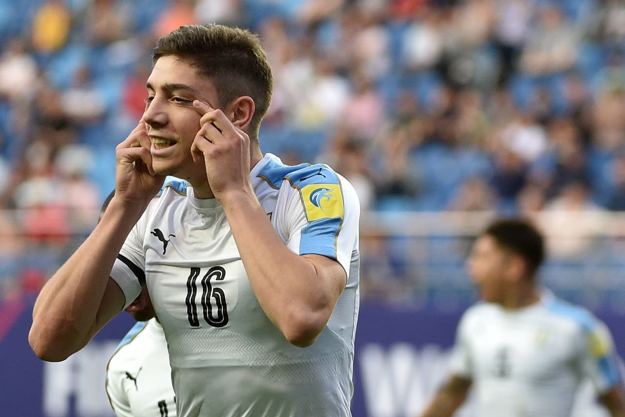 Uruguay's midfielder Federico Valverde celebrates scoring during their U-20 World Cup quarter-final football match between Portugal and Uruguay in Daejeon on June 4, 2017. / AFP PHOTO / KIM DOO-HO (Photo credit should read KIM DOO-HO/AFP/Getty Images)