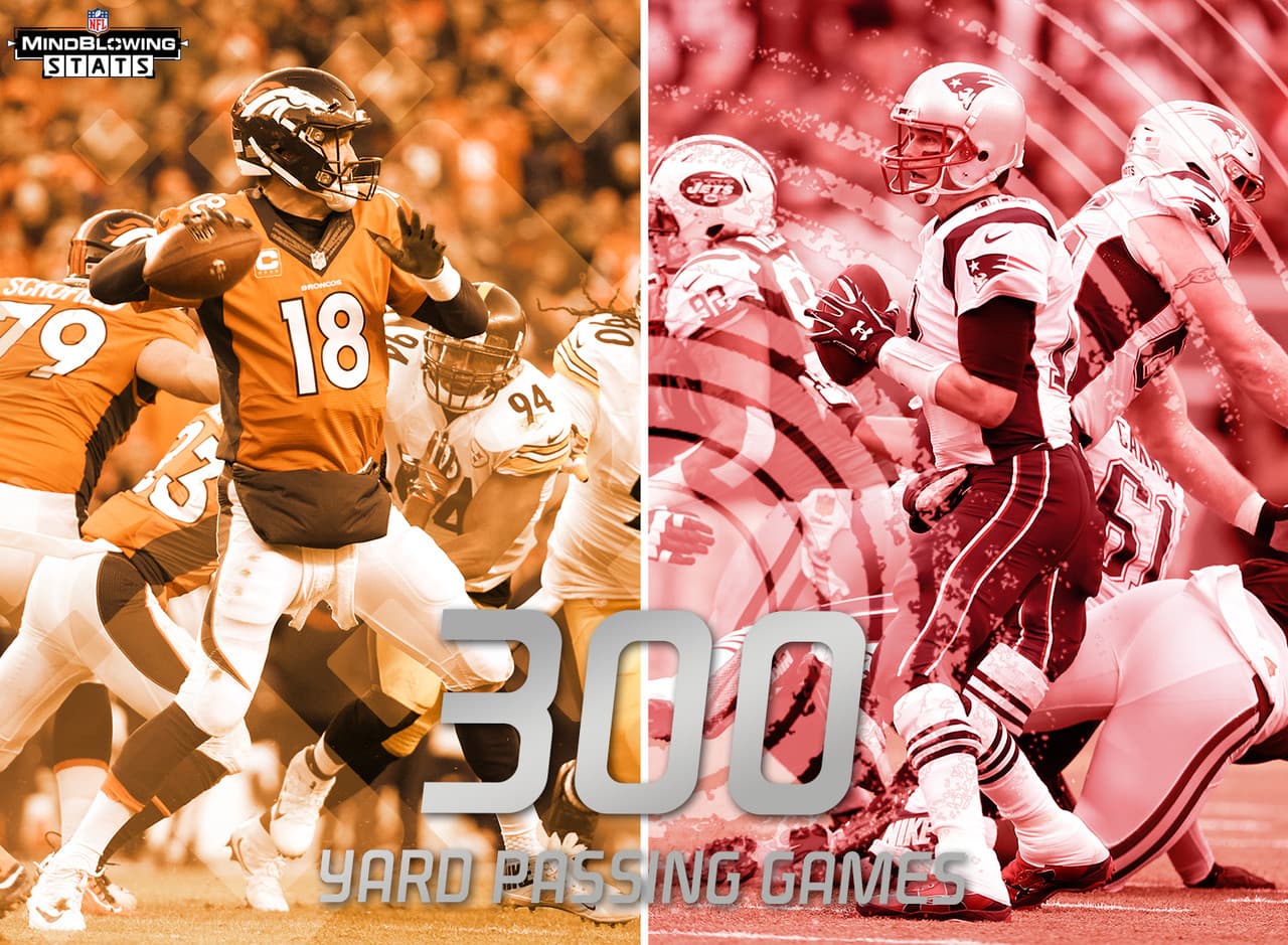 6.- Múltiples juegos de 300 yardas.- Entre su gran cantidad de logros, Brady y Manning están empatados al tope de liderato de más juegos de al menos 300 yardas aéreas en la historia de la postemporada en la NFL con nueve. Manning era el líder en solitario en esta categoría, hasta que Brady lanzó para 302 yardas en el juego de los Playoffs Divisionales ante los Chiefs.