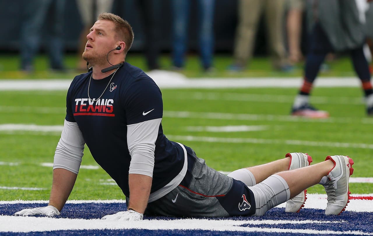 HOUSTON, TX - SEPTEMBER 11: J.J. Watt #99 of the Houston Texans warms up before playing the Chicago Bears at NRG Stadium on September 11, 2016 in Houston, Texas. (Photo by Bob Levey/Getty Images)