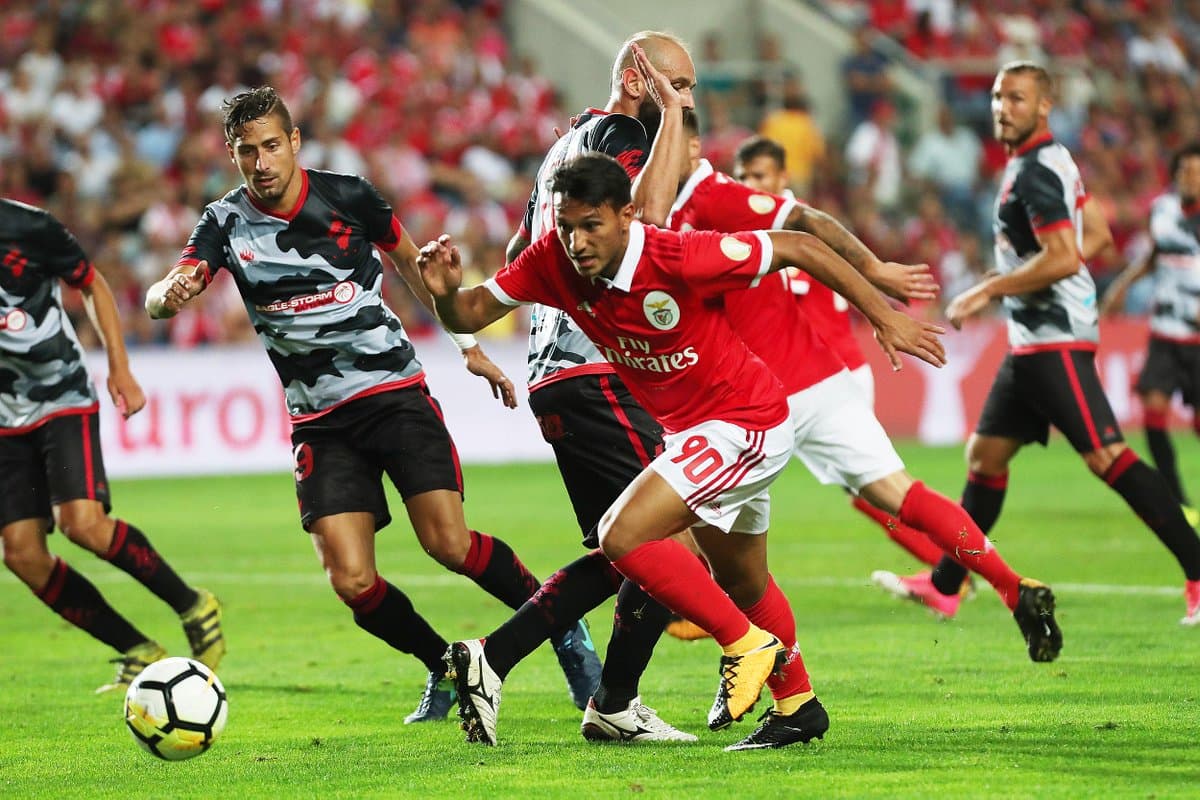 Benfica's defender Andre Almeida leaves the pitch after a red card during the UEFA Champions League Group A football match between FC Basel 1893 and SL Benfica on September 27, 2017 at St Jakob-Park Stadium in Basel. / AFP PHOTO / Fabrice COFFRINI (Photo credit should read FABRICE COFFRINI/AFP/Getty Images)