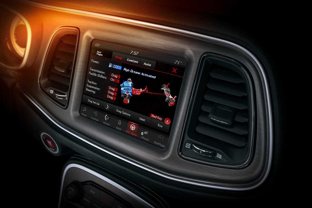 The 2018 Dodge Challenger SRT Demon is the first-ever, factory-production car designed to run on high-octane unleaded fuel for added performance while in Drag Mode, as shown on the 8.4-inch Uconnect touchscreen.