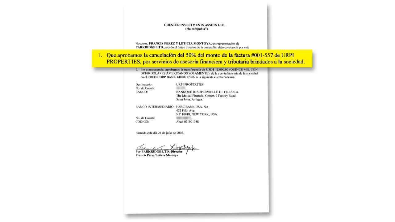 Chester Investments Assets realizó en julio de 2006 una transferencia por $15,000 dólares a Urpi Properties, una empresa de papel en las Islas Vírgenes Británicas, por “asesoría financiera y tributaria”.