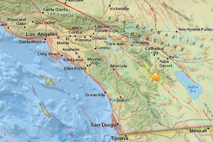 Mapa del temblor de 5.1 grados que sacudió el viernes el sur de California.
