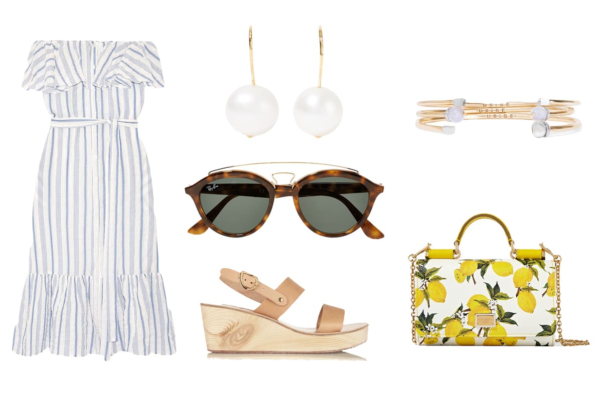 Picnic familiar: Ir a un parque a comer lunch con tu familia siempre es una buena idea. Si esta actividad está en tu agenda es necesario que lleves ropa cómoda. Evita los tacones y las faldas cortas para que puedas caminar con seguridad y te puedas sentar libremente. Los hombros descubiertos es una gran tendencia esta temporada, llévalo en un vestido con rayas verticales para que estilice tu figura. 1.Vestido, Lisa Marie Fernandez 2.Bolsa con print Siciliano, Dolce & Gabbana. 3.Set de tres brazaltes en oro, Uribe. 4.Sandalias en piel de vacuno, Ancient Greek Sandals. 5.Aretes en oro con perlas, Aurélie Bidermann. 6.Lentes en acetato, Ray Ban.